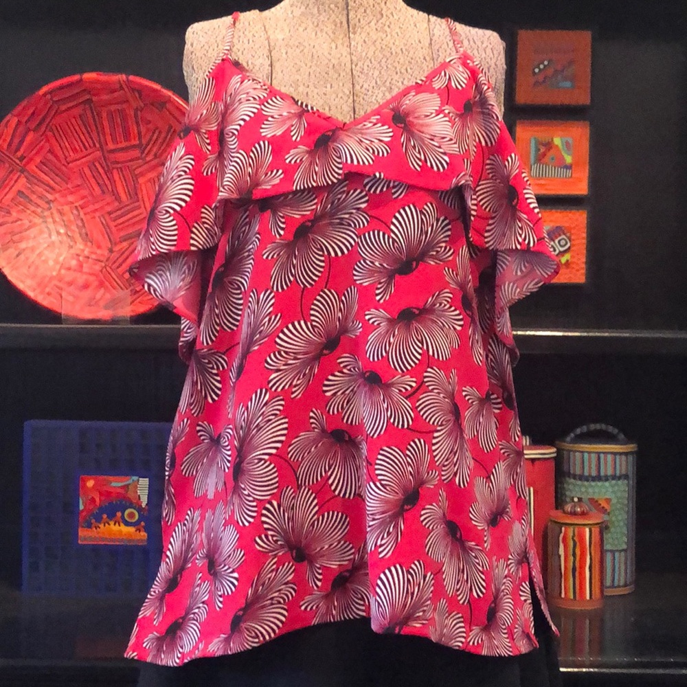 Ann Taylor Hot Pink Print Cold Shoulder Top